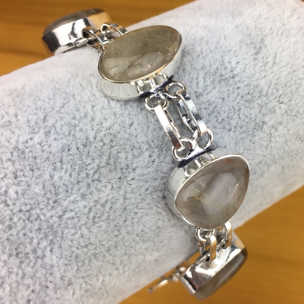 New Rutile Quartz Crystal Stone Silver Overlay Bracelet 6 1/4 6 3/4  7 1/4